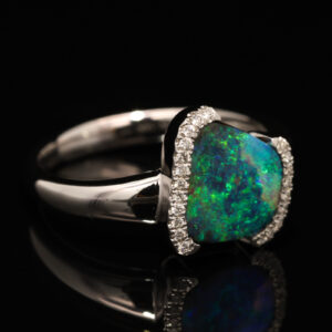 White Gold Blue Green Boulder Opal and Diamond Ring