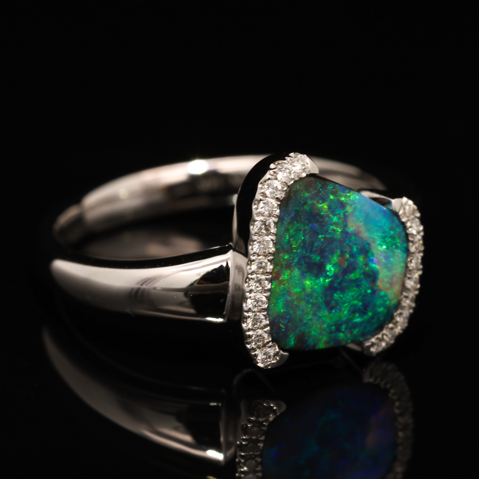 White Gold Blue Green Boulder Opal and Diamond Ring