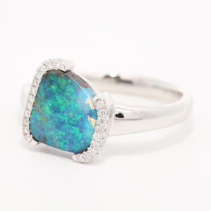 White Gold Blue Green Boulder Opal and Diamond Ring