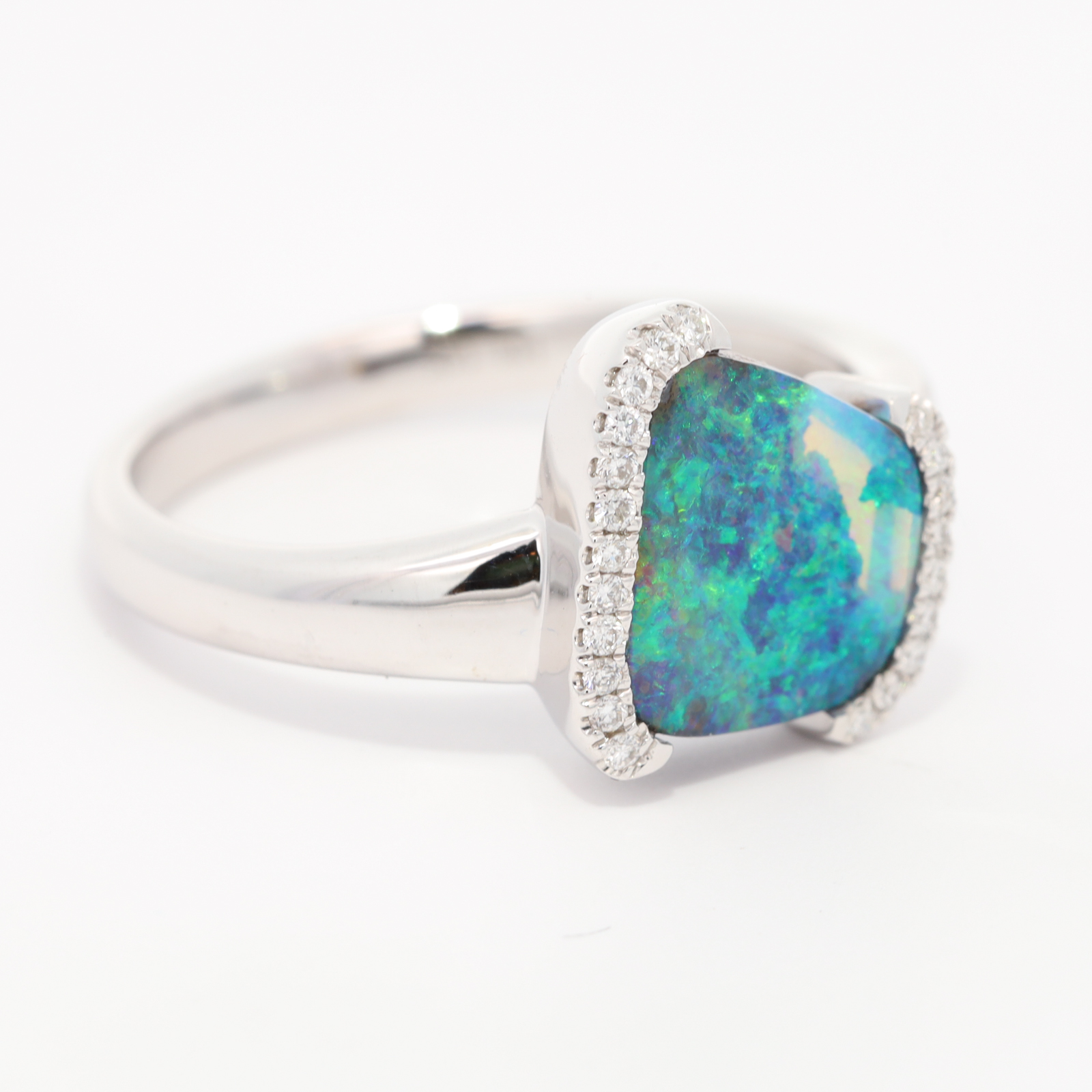 White Gold Blue Green Boulder Opal and Diamond Ring