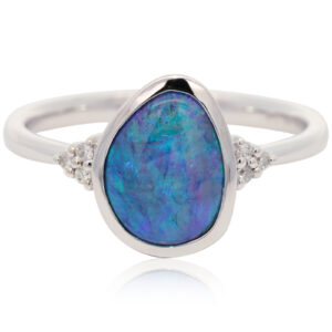 White Gold Blue Green Black Opal and Diamond Ring
