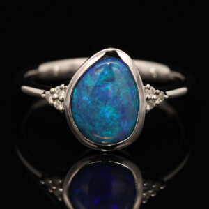 White Gold Blue Green Black Opal and Diamond Ring