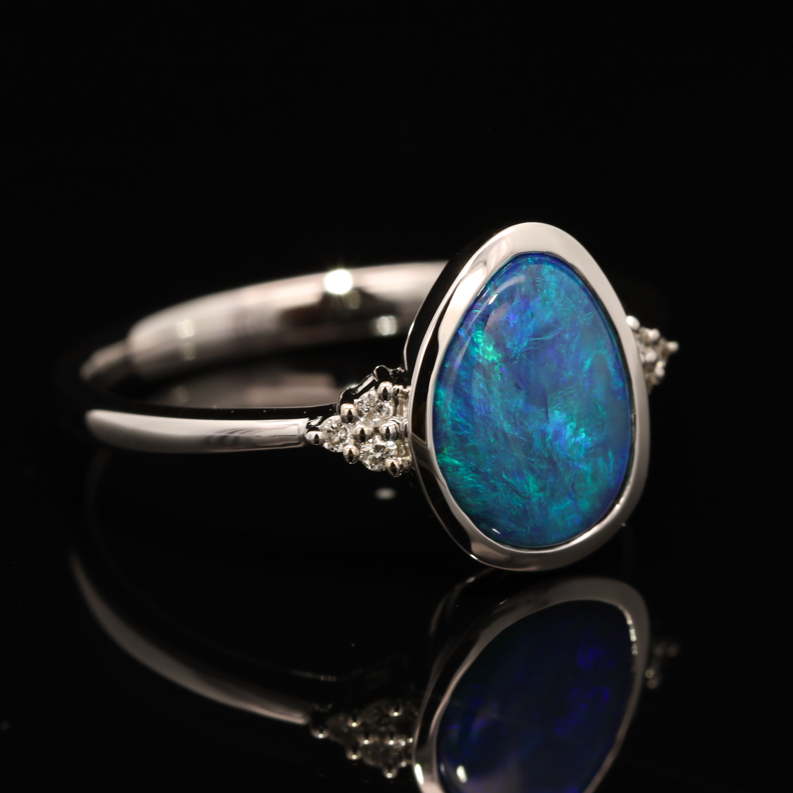 White Gold Blue Green Black Opal and Diamond Ring