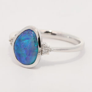 White Gold Blue Green Black Opal and Diamond Ring