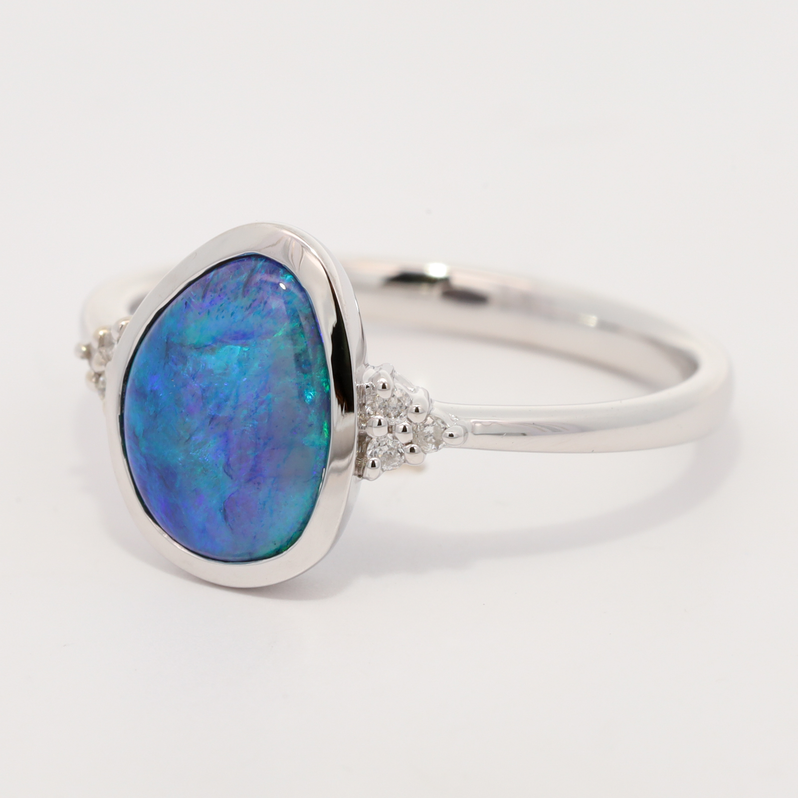 White Gold Blue Green Black Opal and Diamond Ring