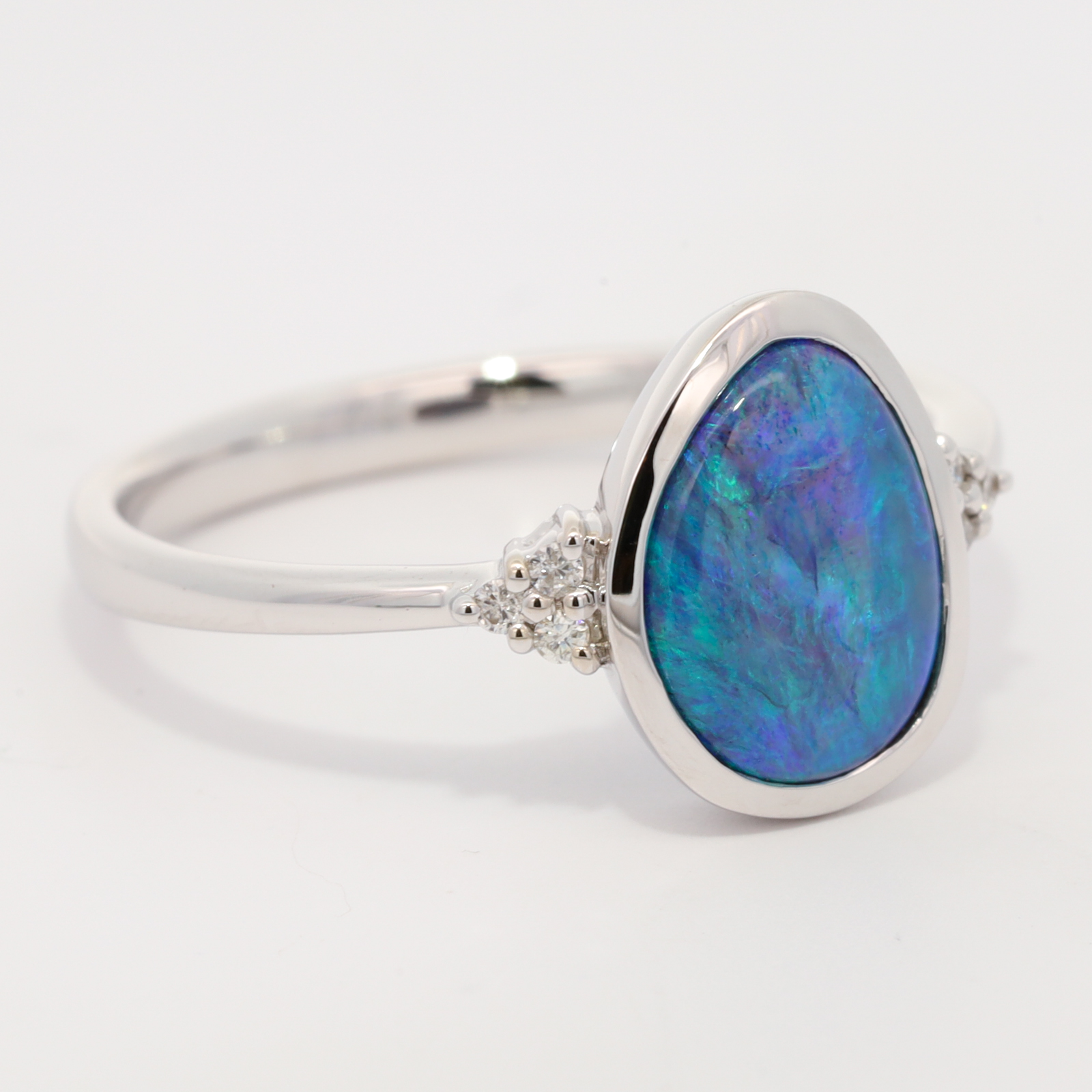 White Gold Blue Green Black Opal and Diamond Ring