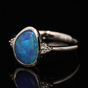 White Gold Blue Green Black Opal and Diamond Ring