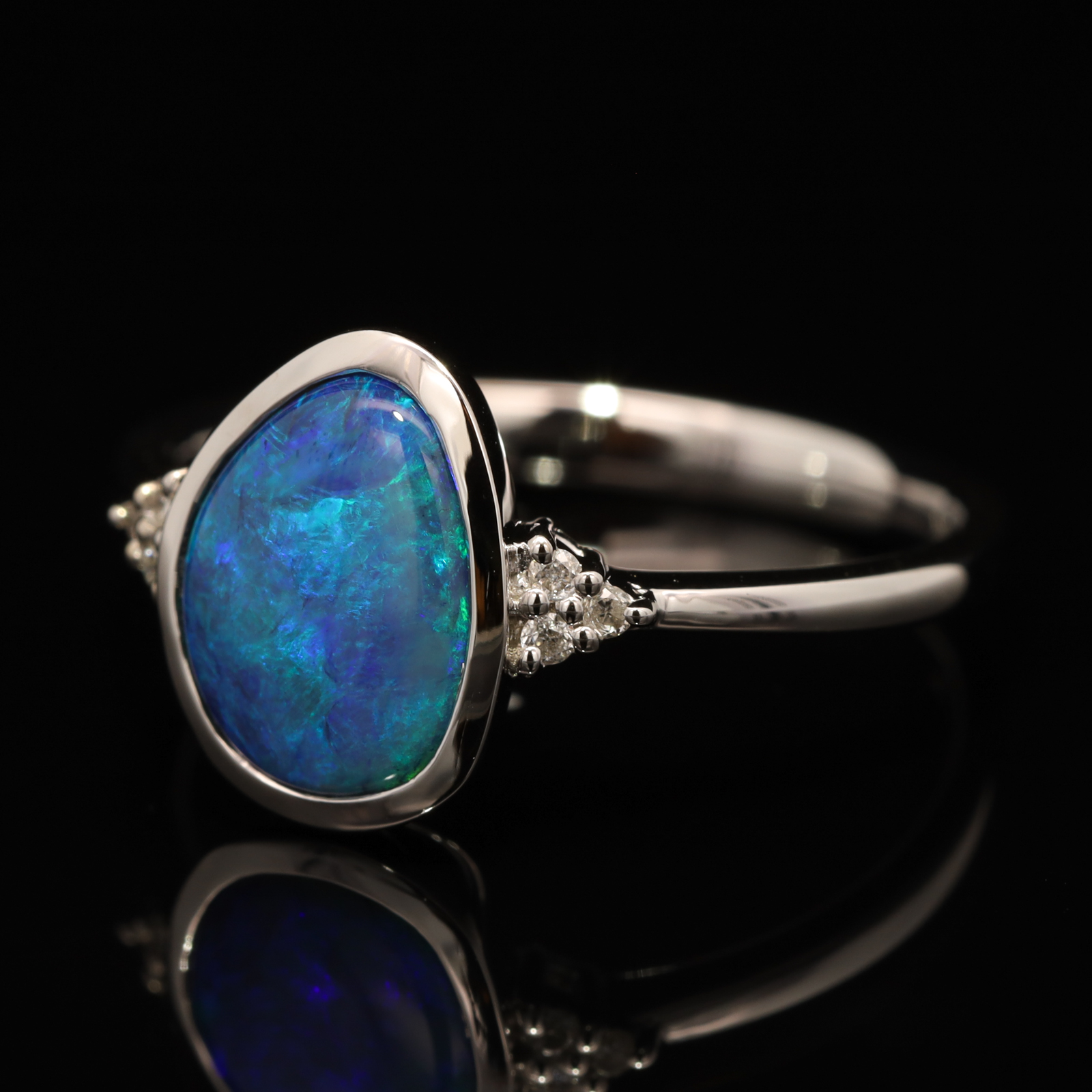 White Gold Blue Green Black Opal and Diamond Ring