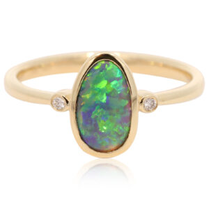 Yellow Gold Blue Green Yellow Orange Black Opal and Diamond Ring