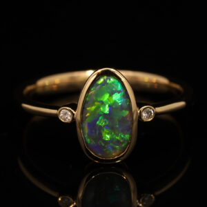 Yellow Gold Blue Green Yellow Orange Black Opal and Diamond Ring