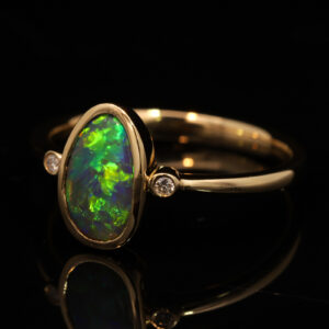 Yellow Gold Blue Green Yellow Orange Black Opal and Diamond Ring
