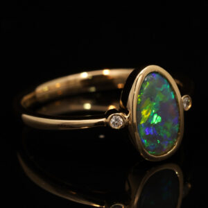 Yellow Gold Blue Green Yellow Orange Black Opal and Diamond Ring