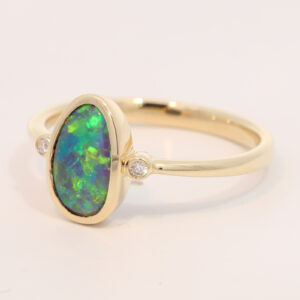 Yellow Gold Blue Green Yellow Orange Black Opal and Diamond Ring