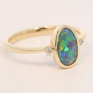 Yellow Gold Blue Green Yellow Orange Black Opal and Diamond Ring