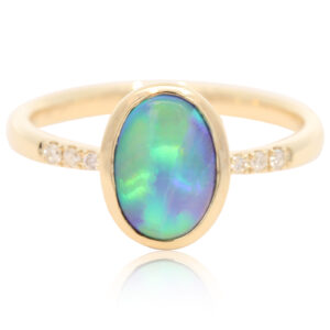 Yellow Gold Blue Green Yellow Orange Black Opal and Diamond Ring