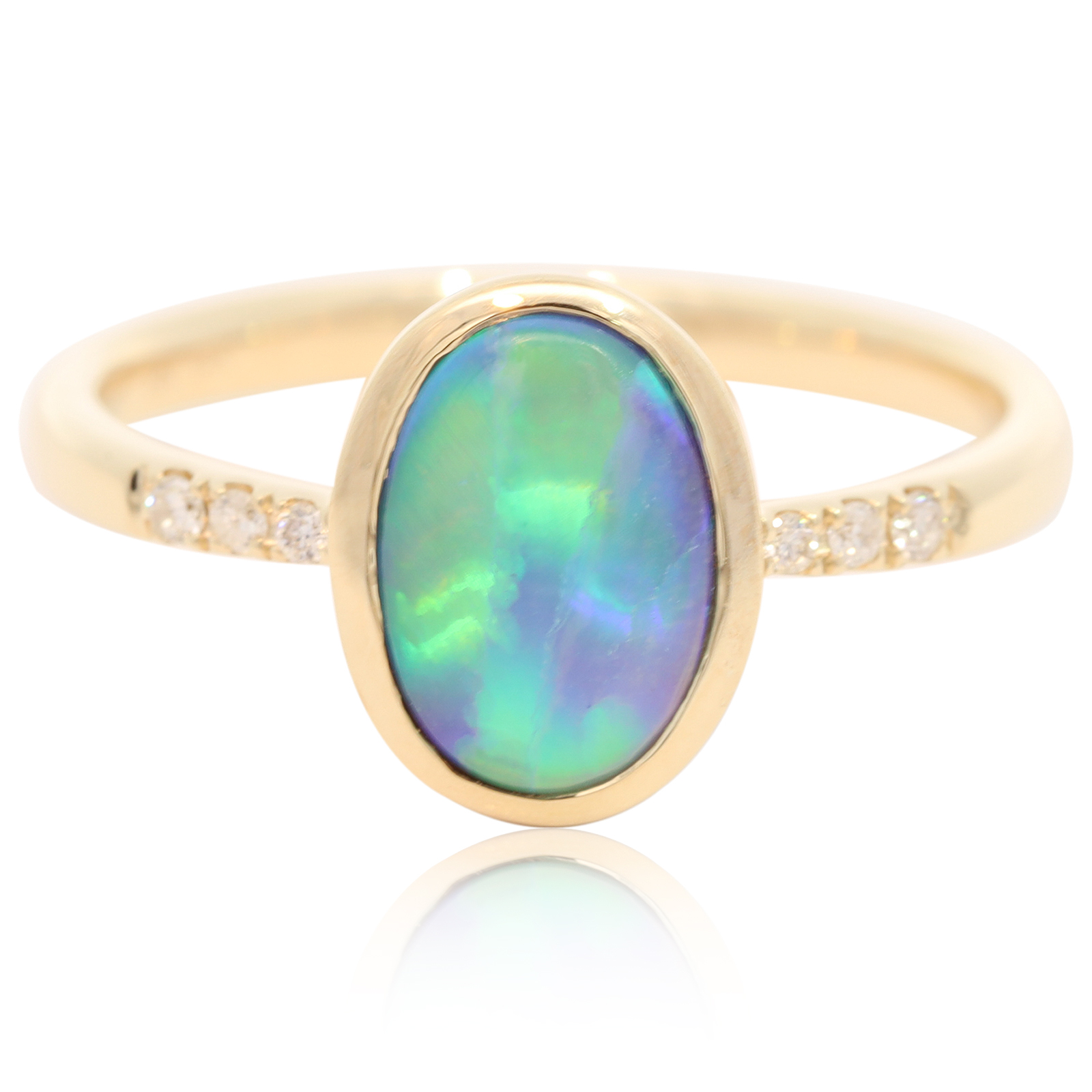 Yellow Gold Blue Green Yellow Orange Black Opal and Diamond Ring