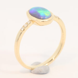 Yellow Gold Blue Green Yellow Orange Black Opal and Diamond Ring