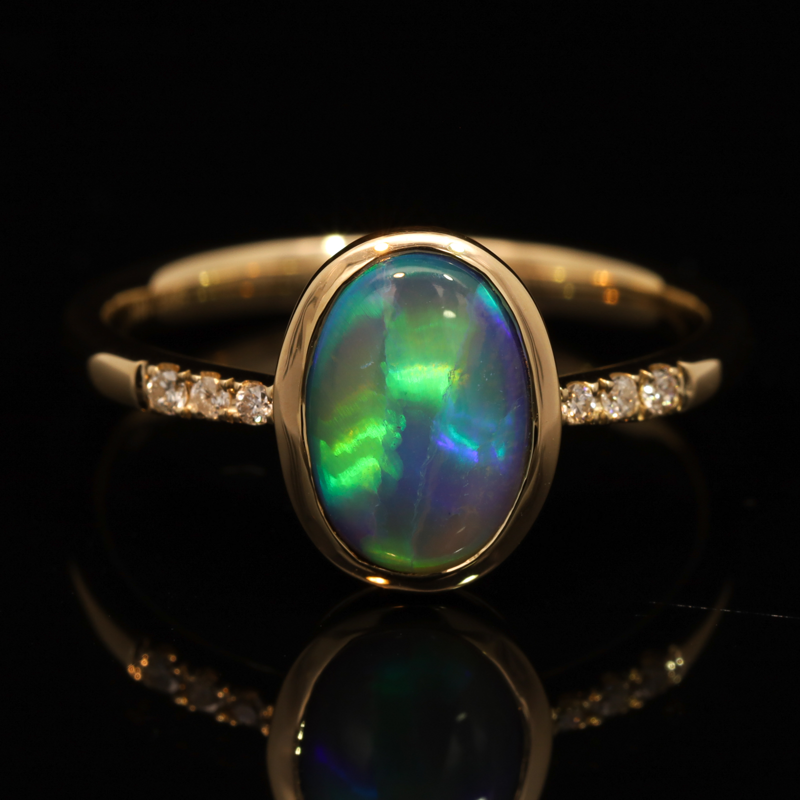 Yellow Gold Blue Green Yellow Orange Black Opal and Diamond Ring