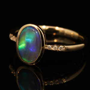 Yellow Gold Blue Green Yellow Orange Black Opal and Diamond Ring