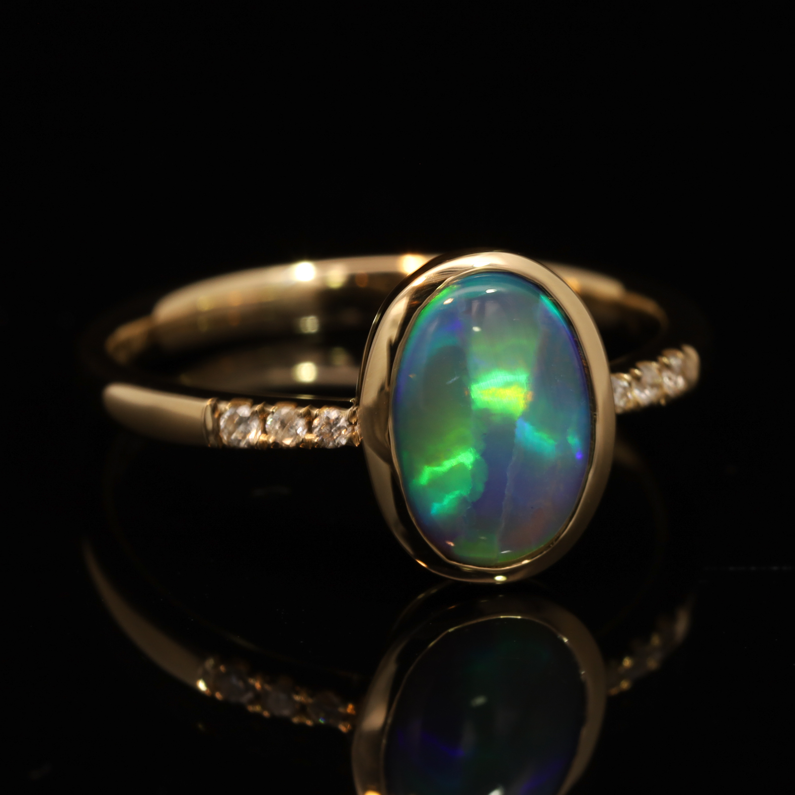 Yellow Gold Blue Green Yellow Orange Black Opal and Diamond Ring