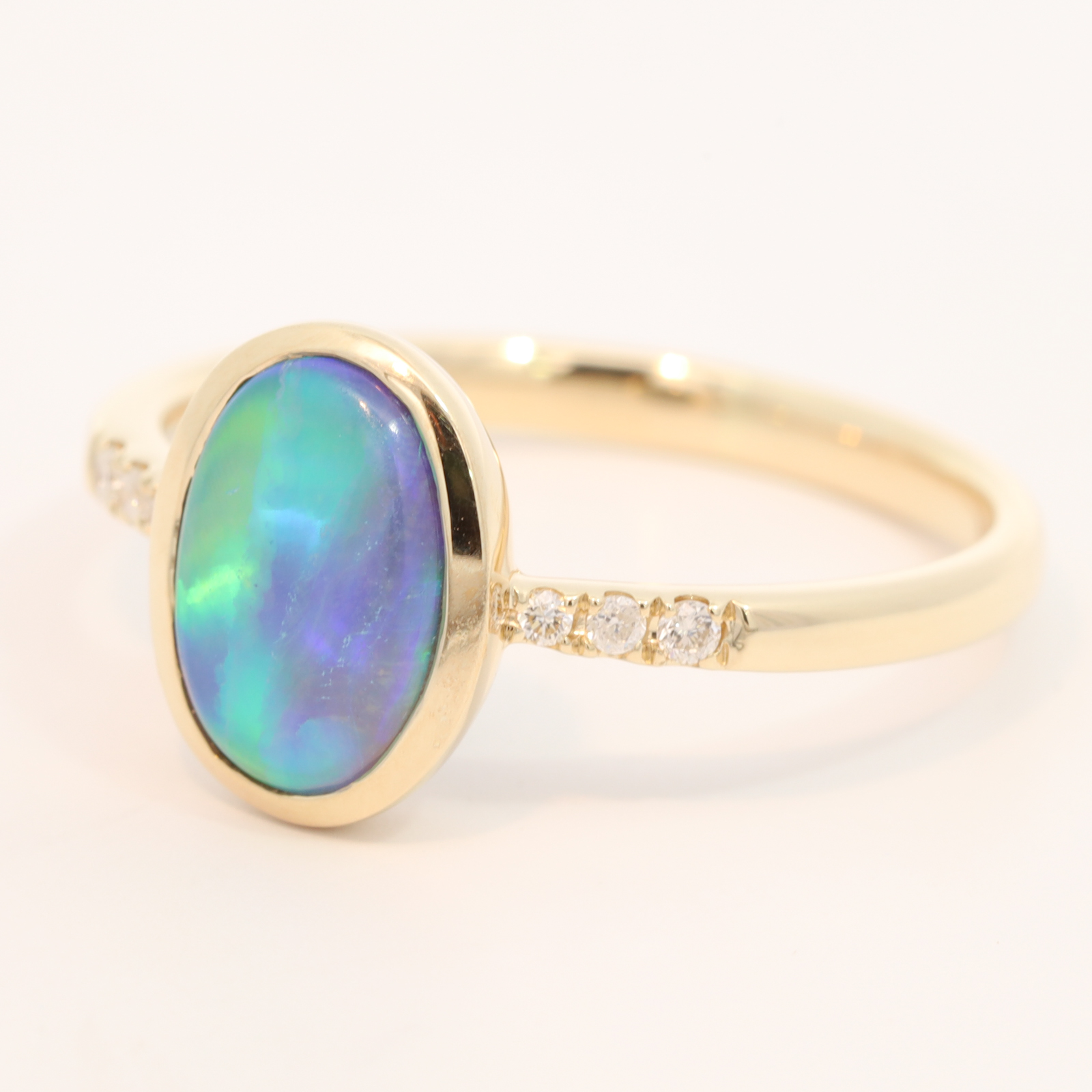 Yellow Gold Blue Green Yellow Orange Black Opal and Diamond Ring