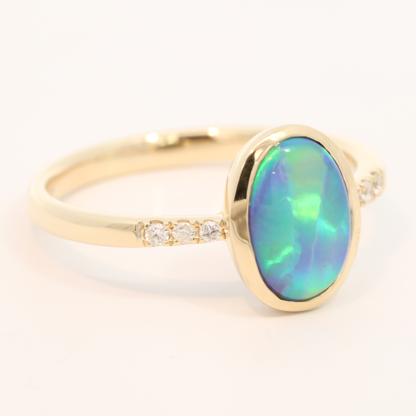 Yellow Gold Blue Green Yellow Orange Black Opal and Diamond Ring
