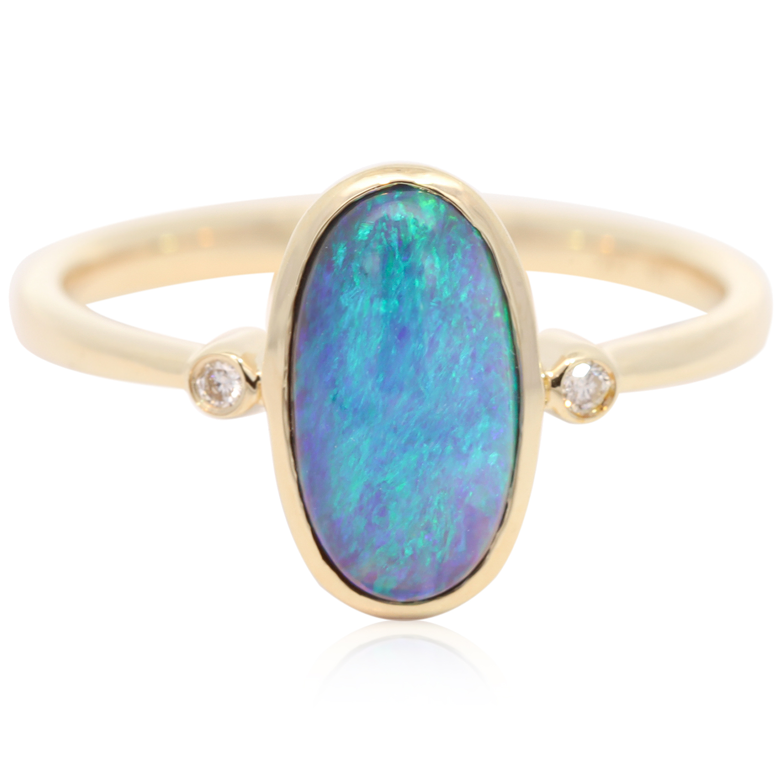 Yellow Gold Blue Green Black Opal and Diamond Ring