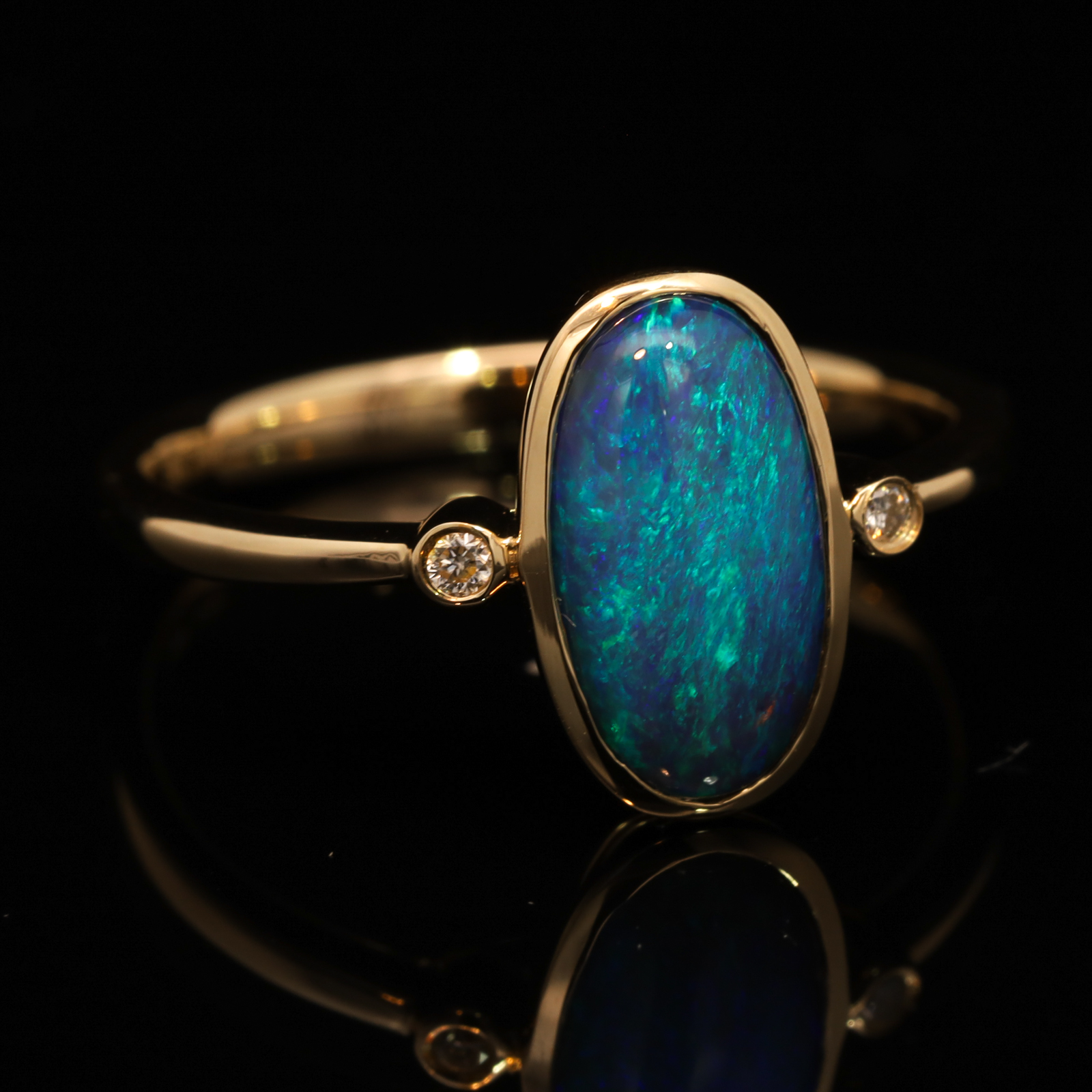 Yellow Gold Blue Green Black Opal and Diamond Ring