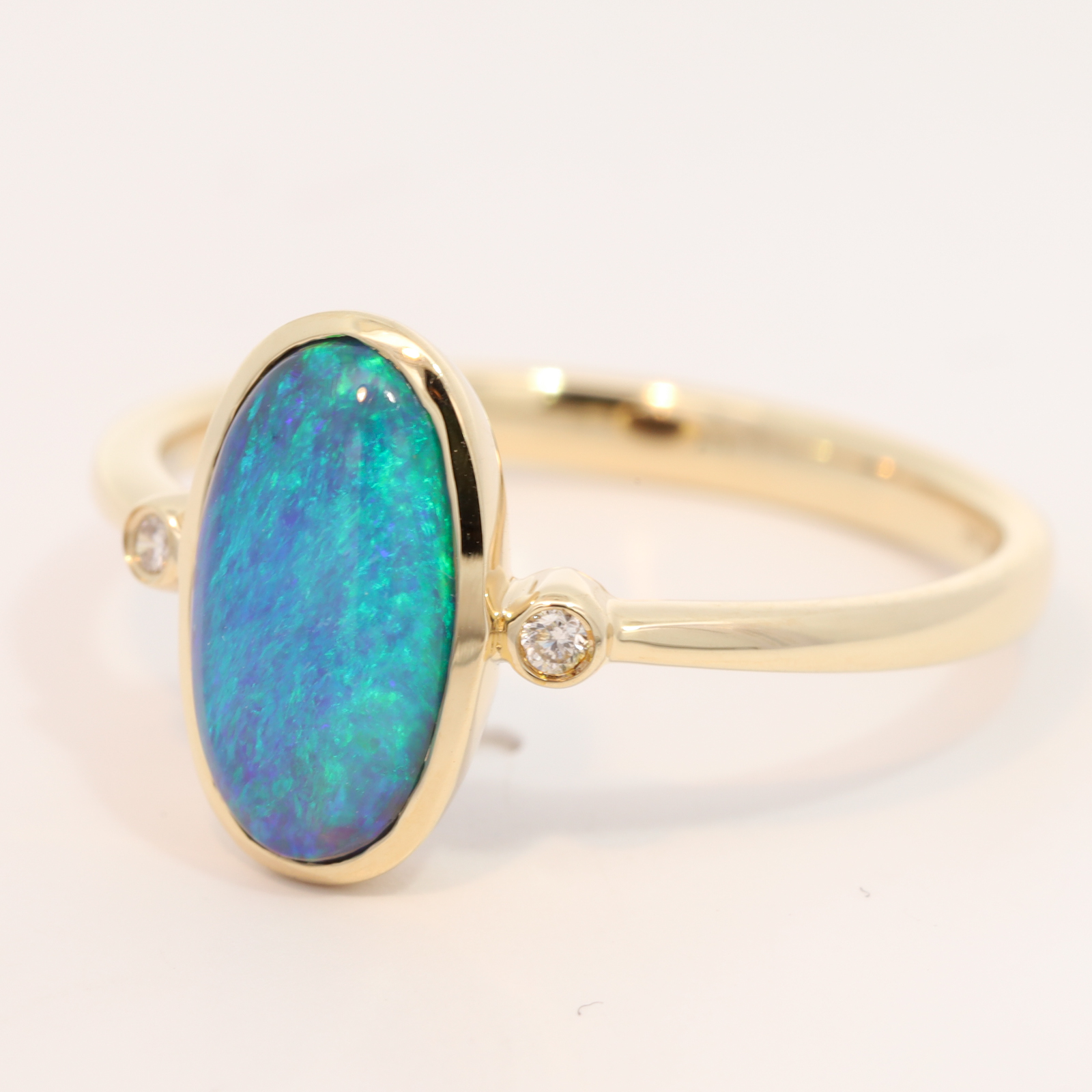 Yellow Gold Blue Green Black Opal and Diamond Ring