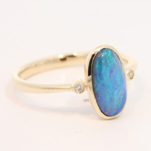 Yellow Gold Blue Green Black Opal and Diamond Ring