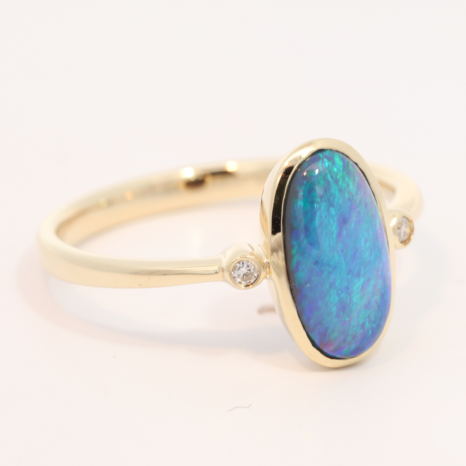 Yellow Gold Blue Green Black Opal and Diamond Ring