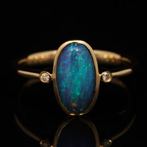 Yellow Gold Blue Green Black Opal and Diamond Ring