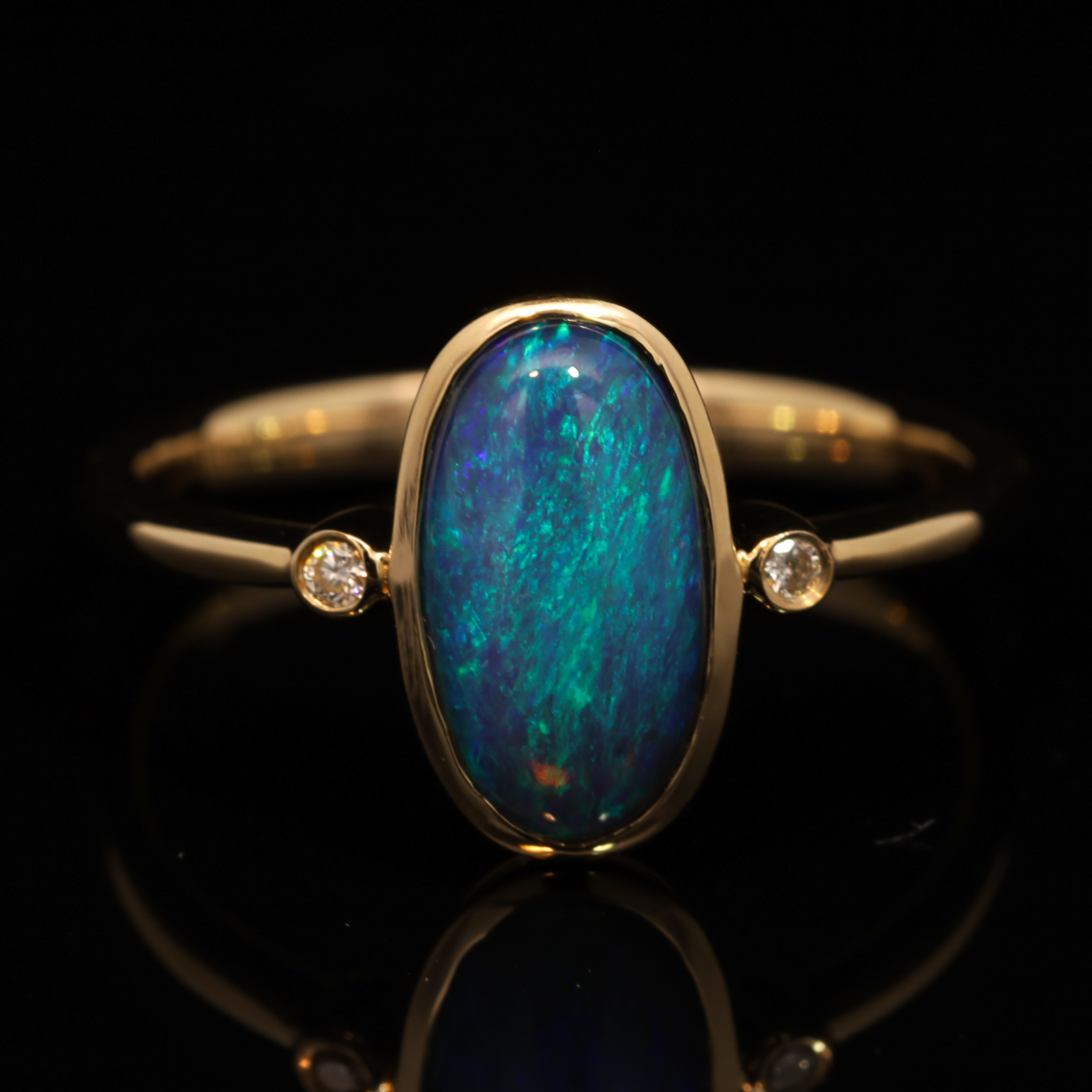 Yellow Gold Blue Green Black Opal and Diamond Ring