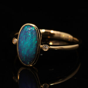 Yellow Gold Blue Green Black Opal and Diamond Ring