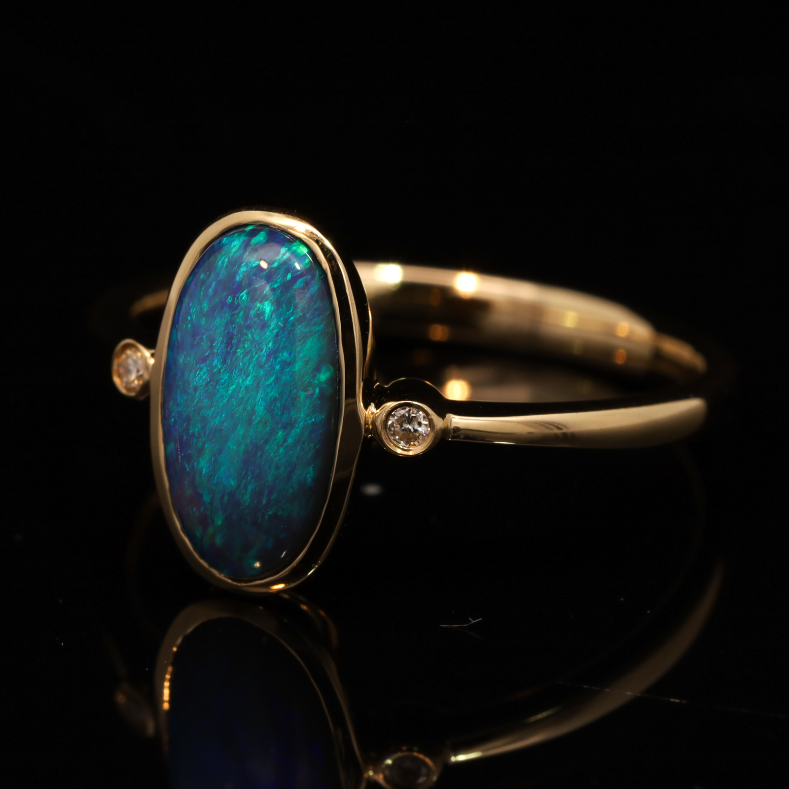 Yellow Gold Blue Green Black Opal and Diamond Ring