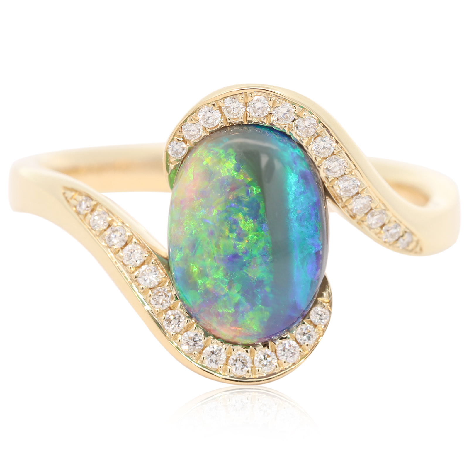 Yellow Gold Blue Green Yellow Blue Black Opal and Diamond Ring