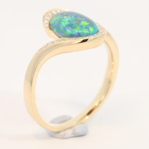 Yellow Gold Blue Green Yellow Blue Black Opal and Diamond Ring