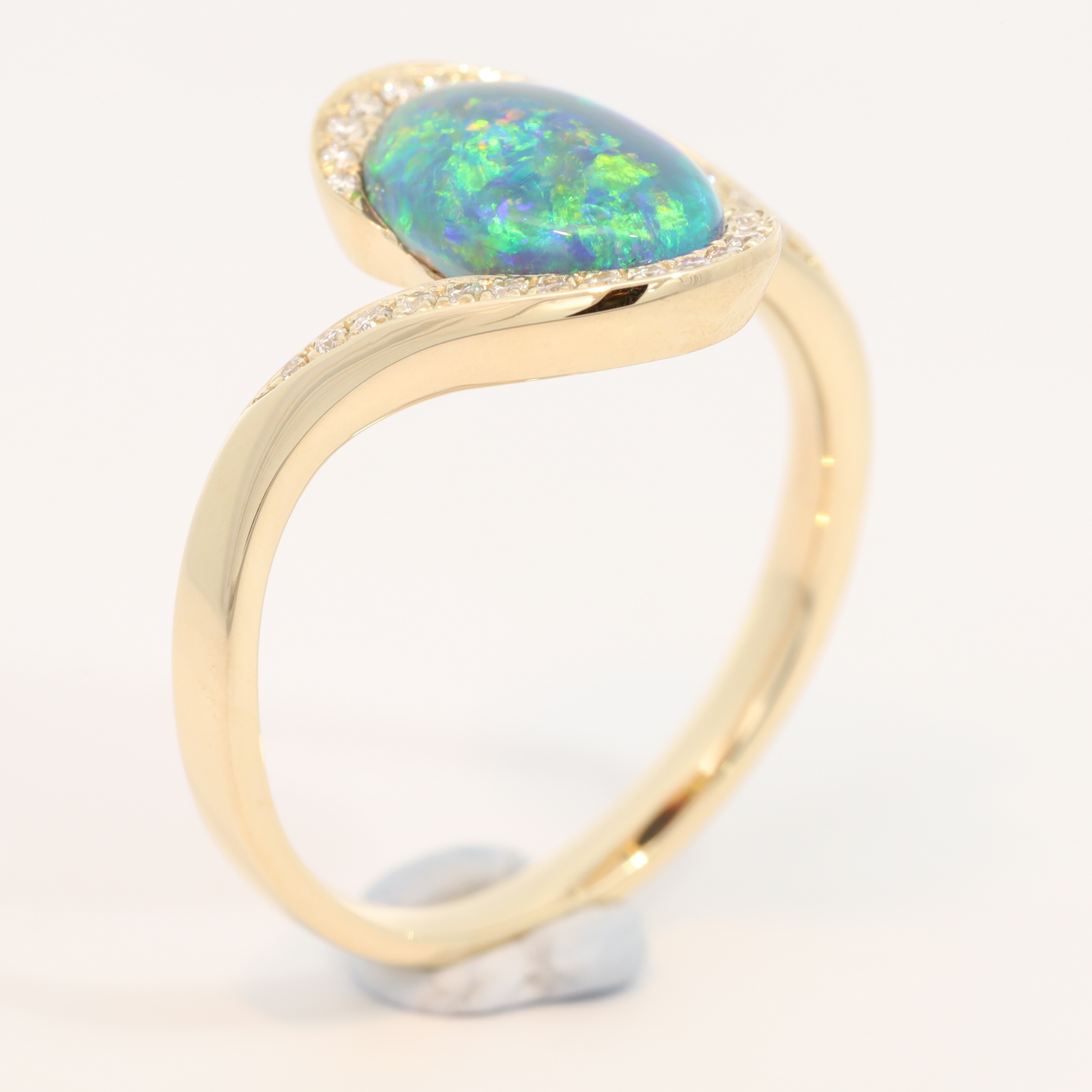 Yellow Gold Blue Green Yellow Blue Black Opal and Diamond Ring