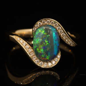 Yellow Gold Blue Green Yellow Blue Black Opal and Diamond Ring