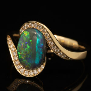 Yellow Gold Blue Green Yellow Blue Black Opal and Diamond Ring