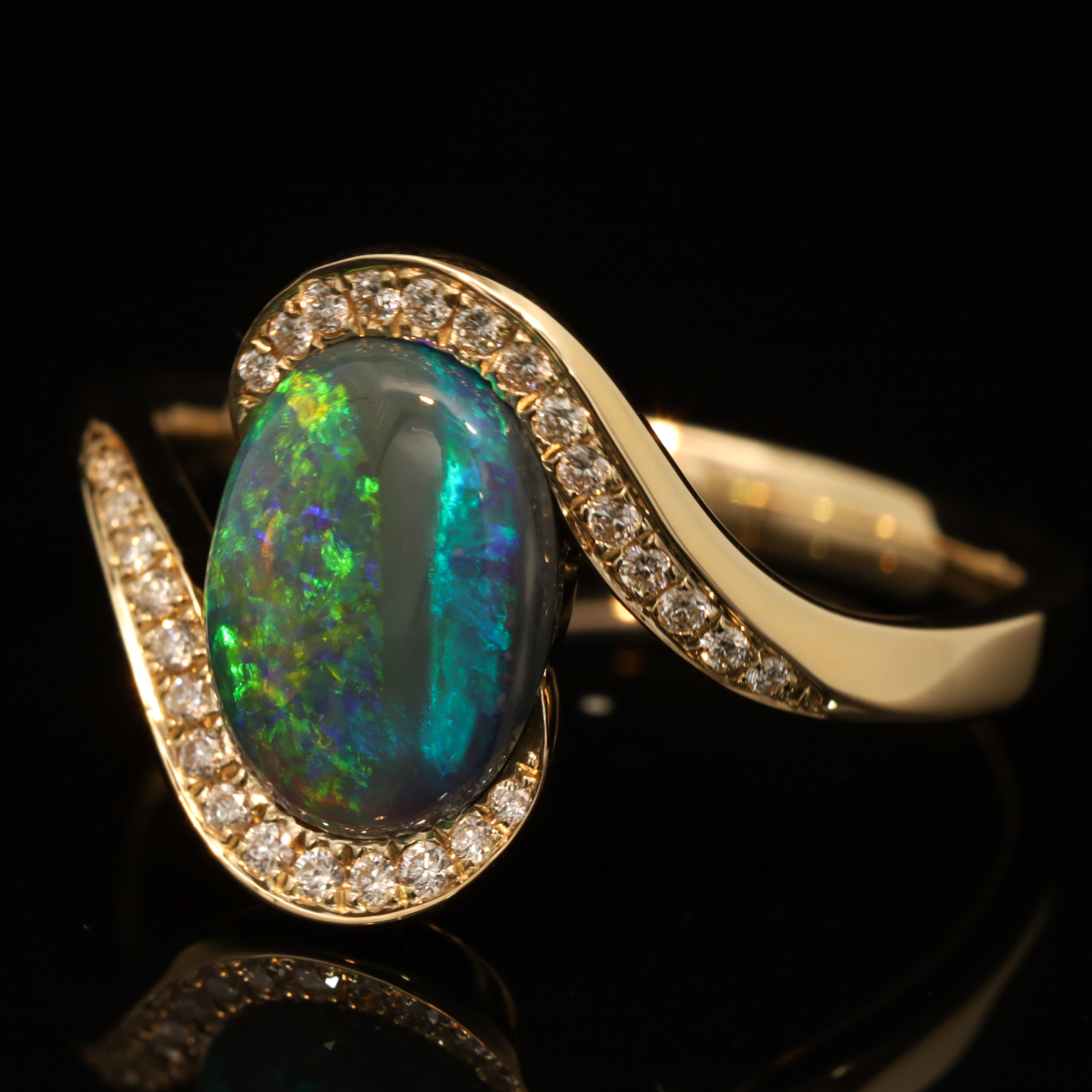Yellow Gold Blue Green Yellow Blue Black Opal and Diamond Ring