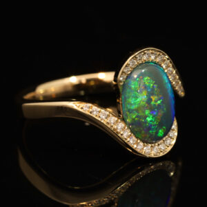 Yellow Gold Blue Green Yellow Blue Black Opal and Diamond Ring