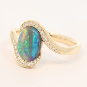 Yellow Gold Blue Green Yellow Blue Black Opal and Diamond Ring
