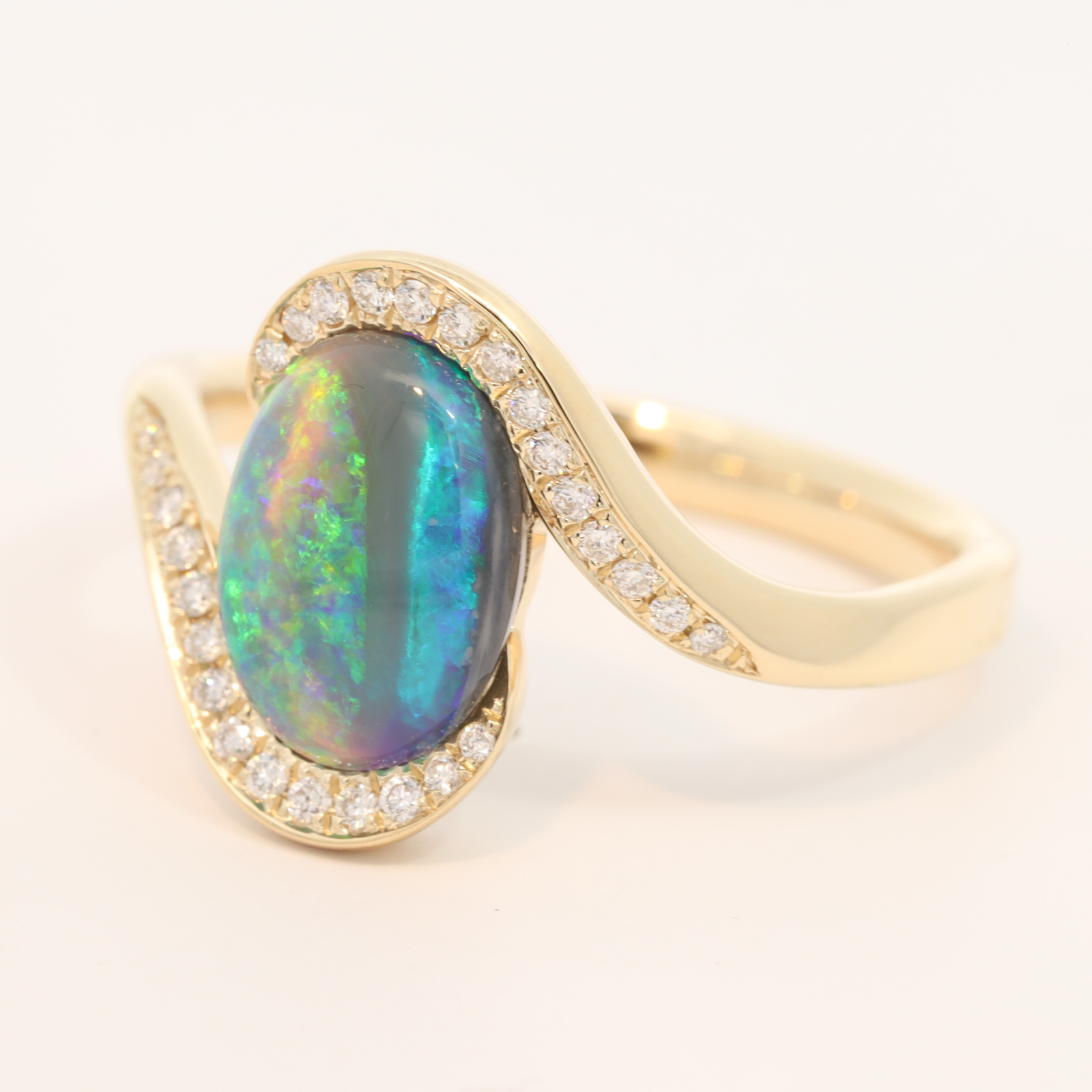 Yellow Gold Blue Green Yellow Blue Black Opal and Diamond Ring