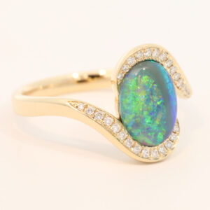 Yellow Gold Blue Green Yellow Blue Black Opal and Diamond Ring