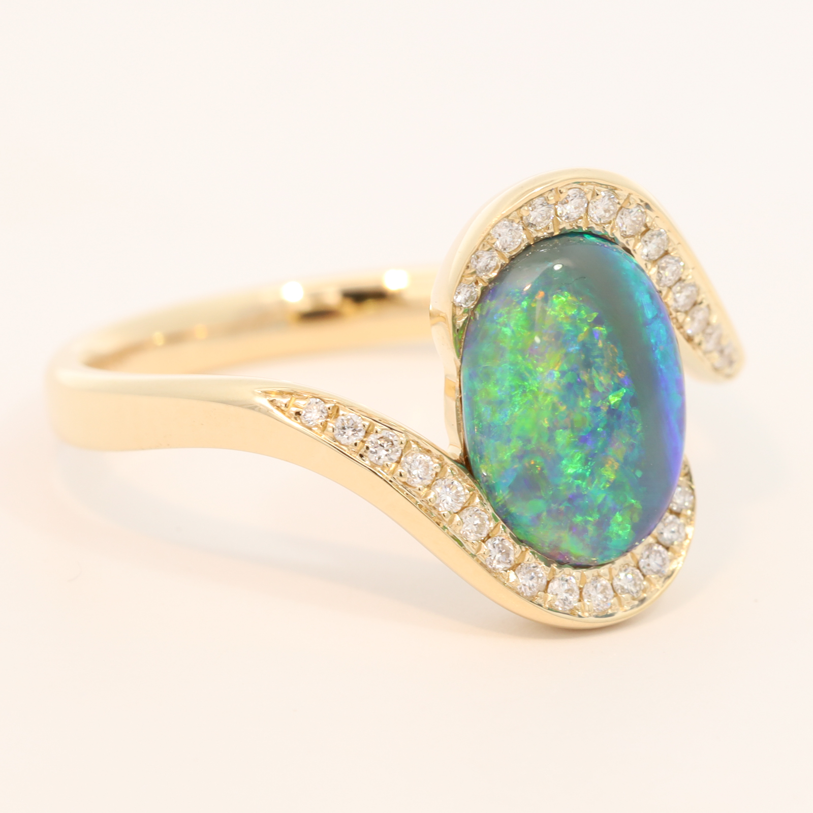 Yellow Gold Blue Green Yellow Blue Black Opal and Diamond Ring