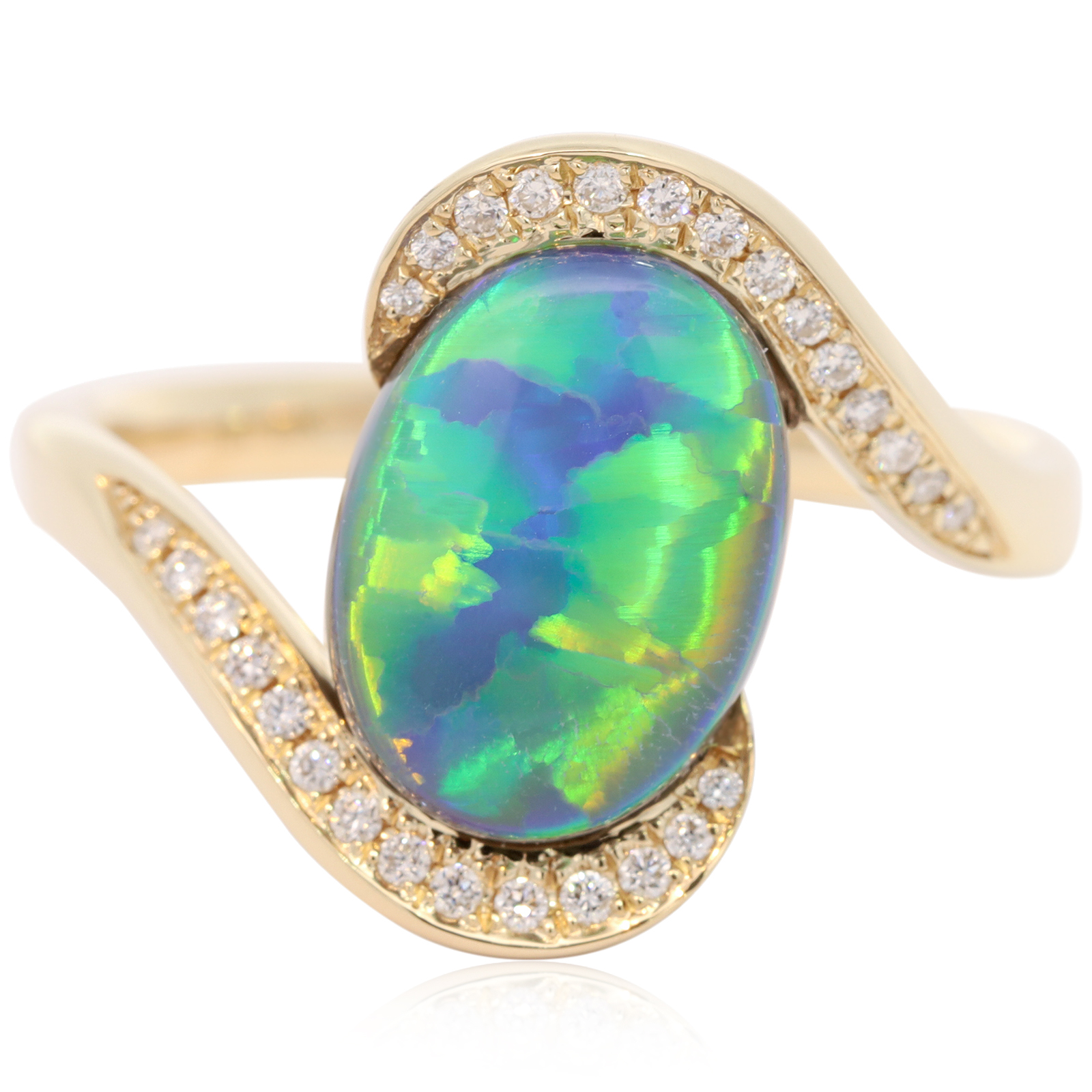 Yellow Gold Blue Green Yellow Orange Black Opal and Diamond Ring
