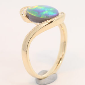 Yellow Gold Blue Green Yellow Orange Black Opal and Diamond Ring