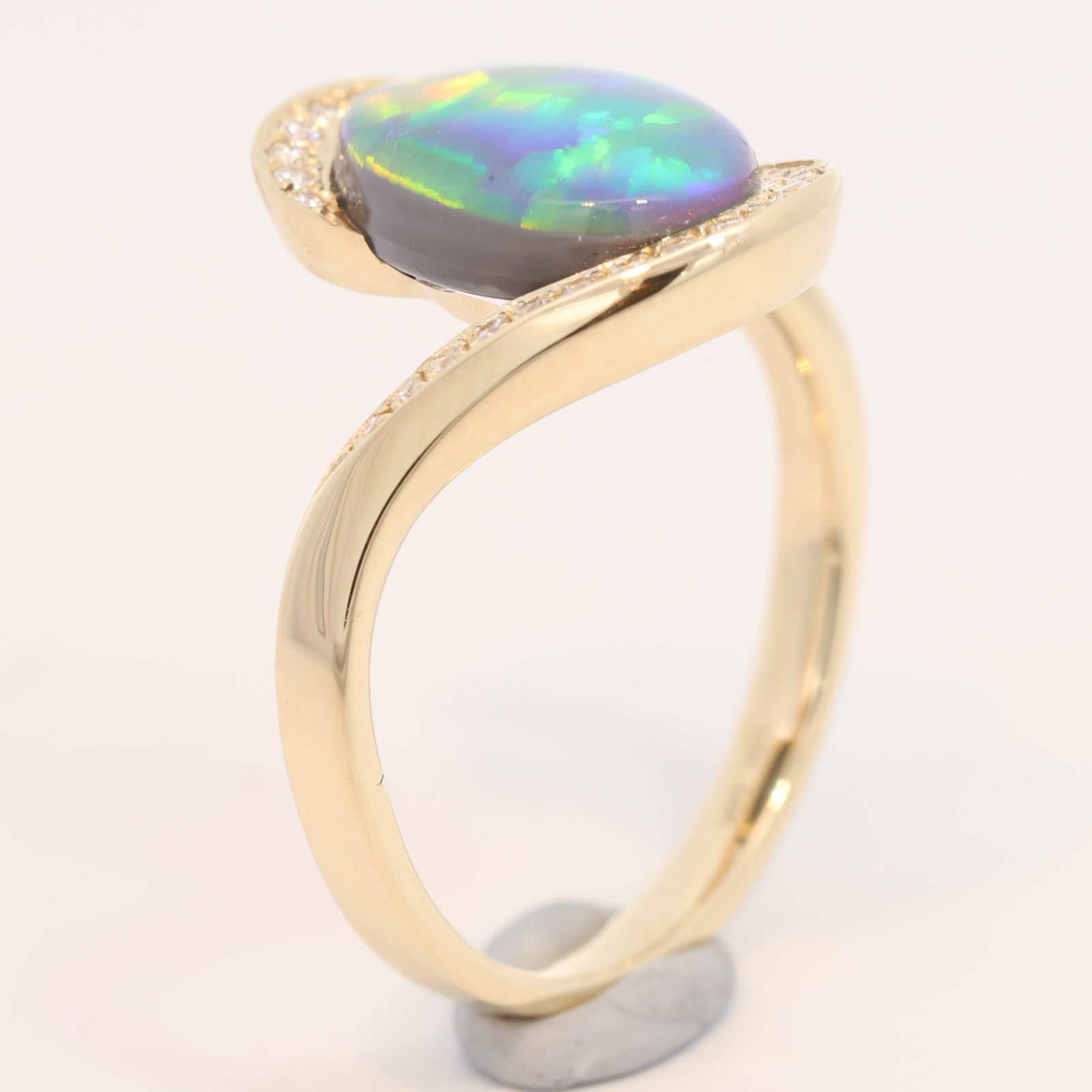 Yellow Gold Blue Green Yellow Orange Black Opal and Diamond Ring
