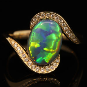 Yellow Gold Blue Green Yellow Orange Black Opal and Diamond Ring